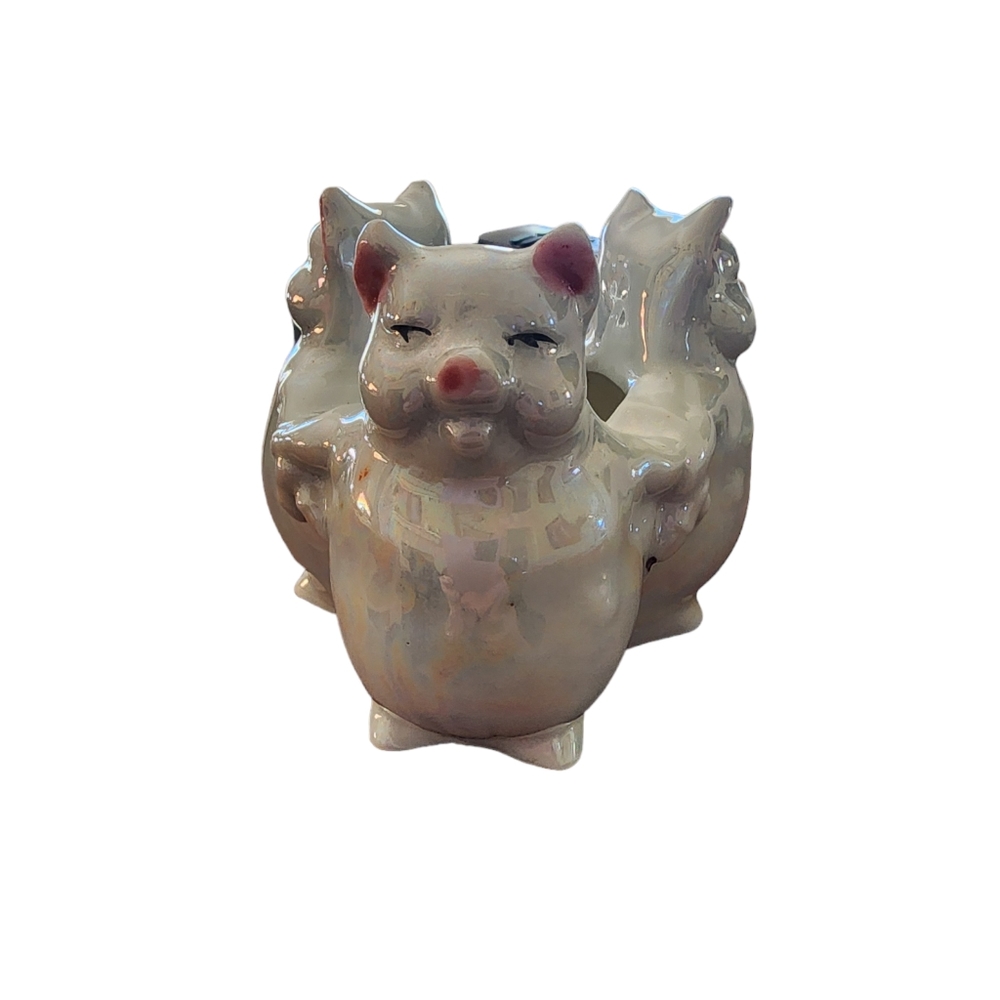 Three Little Pigs Ashtray Japanese Opalescent Pottery